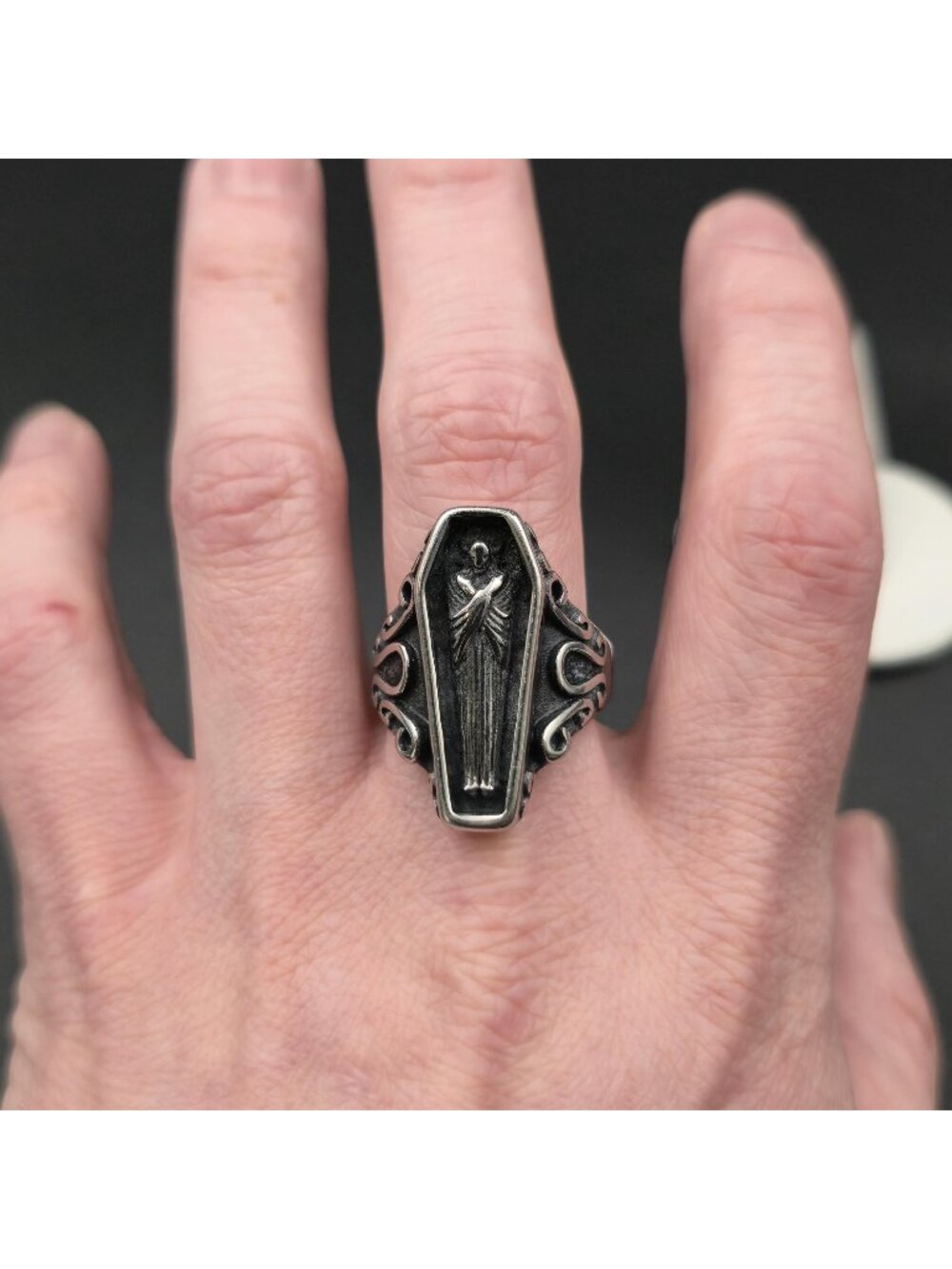 Size 10.5 Stainless Steel Gothic Coffin Dark Aesthetic Band Ring A7458 - Picture 3 of 8